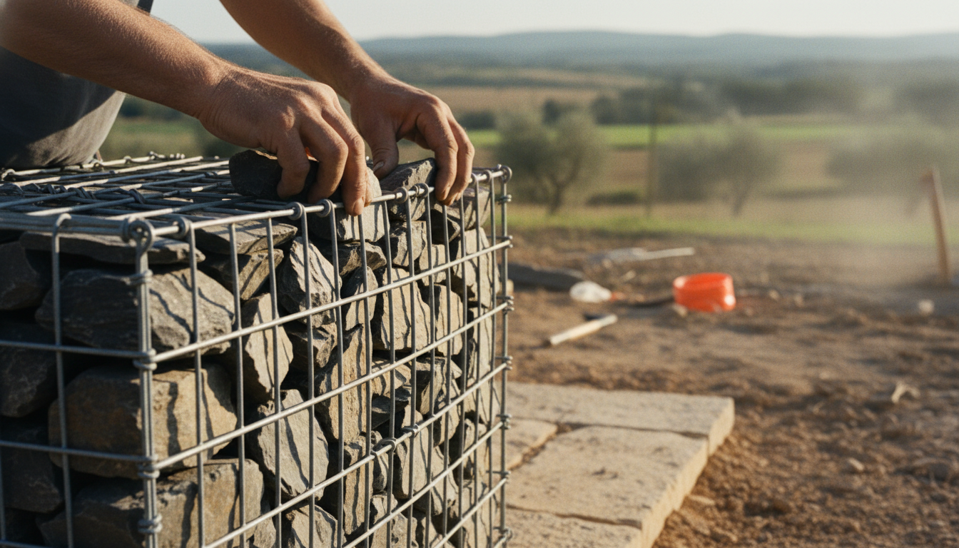 Mains d'artisan calant des pierres de basalte sur la façade d'un gabion