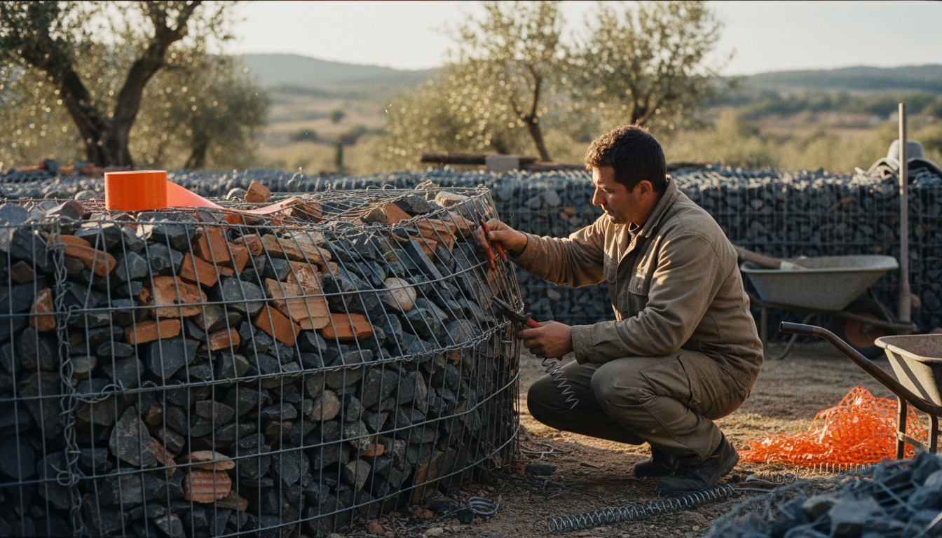 Artisan inspecte et répare un mur gabion bombé avec pince coupante et spirales de remplacement