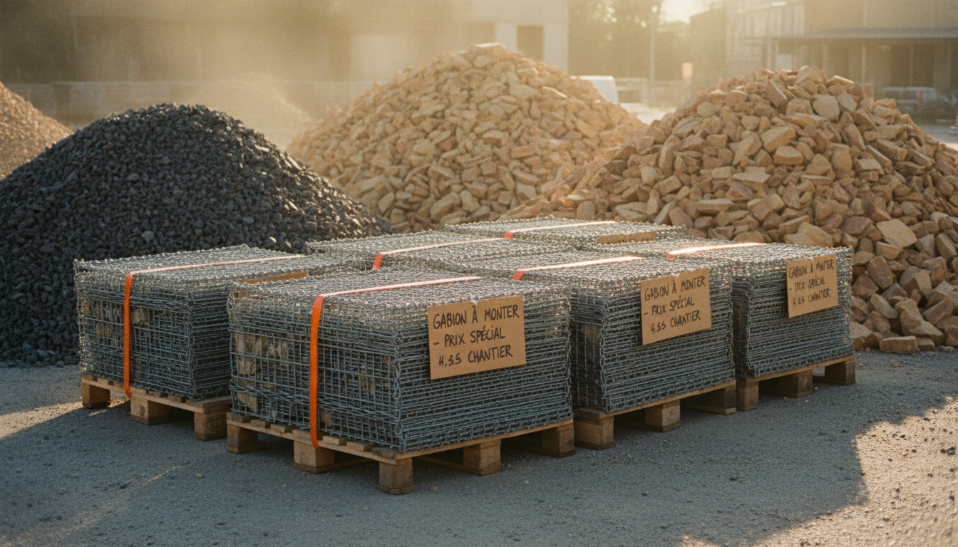 Cages gabion démontées empilées sur palette dans une cour drômoise