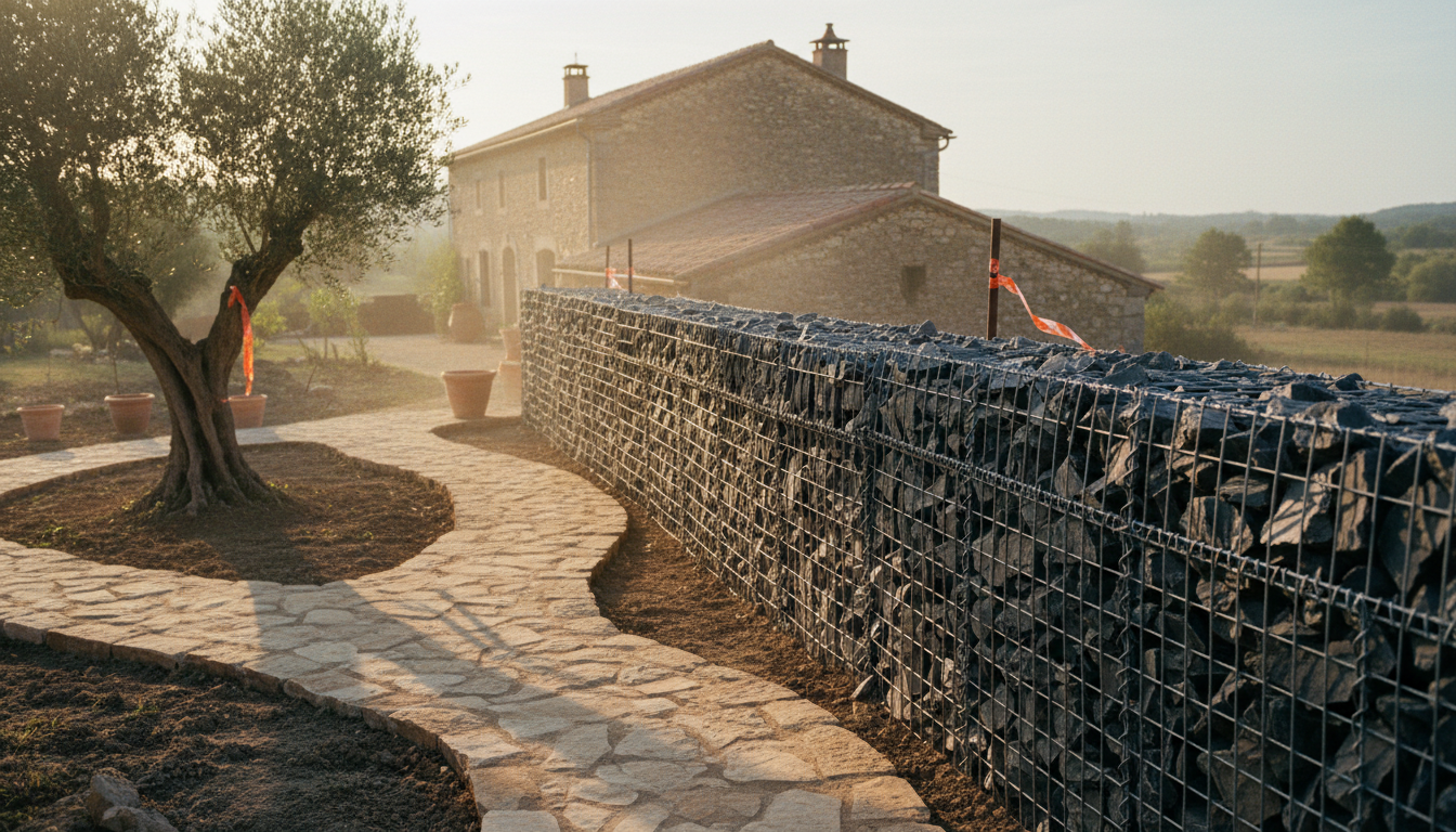 Mur de soutènement en gabion dans un jardin de la Drôme